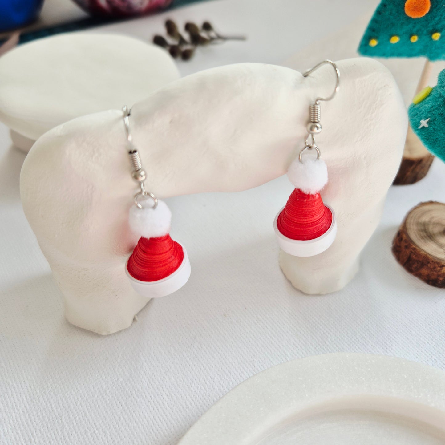 Paper Quilling Christmas Hat Earrings - Festive Santa Hat Design