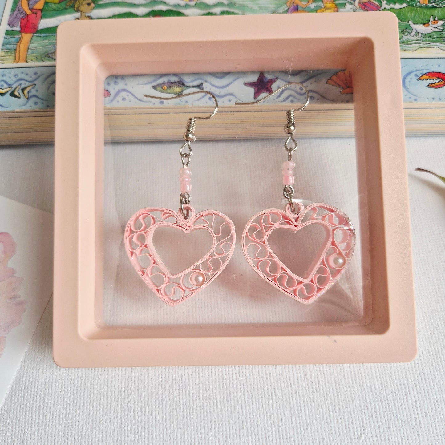 Paper quilling earrings (pink love heart)