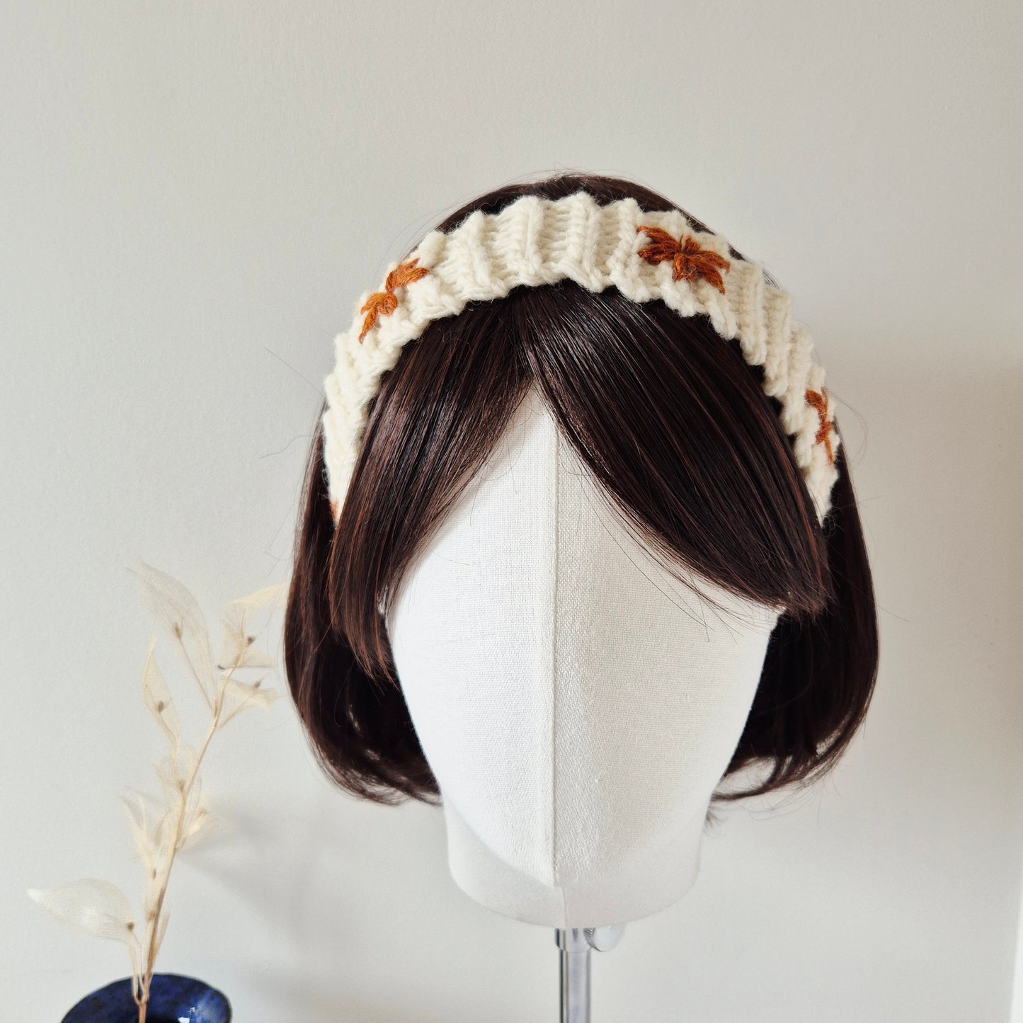 Crochet Wool Headband with Flower Embroidery