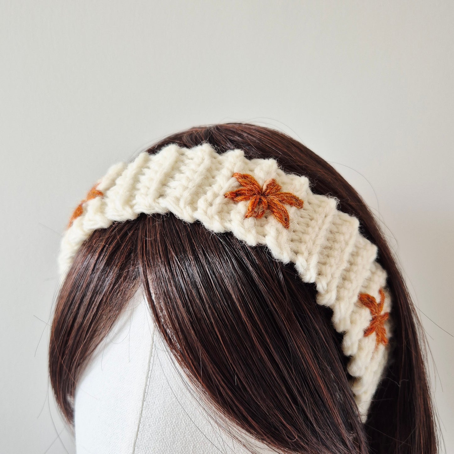 Crochet Wool Headband with Flower Embroidery