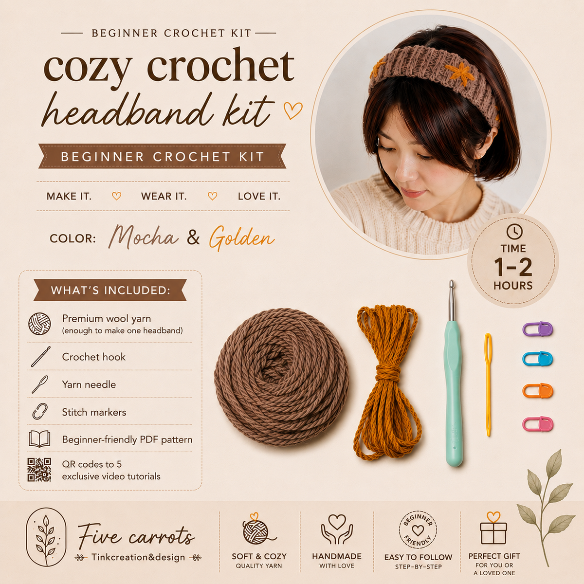 Beginner Crochet headband with flower embroidery Kit – Learn to Crochet with Confidence
