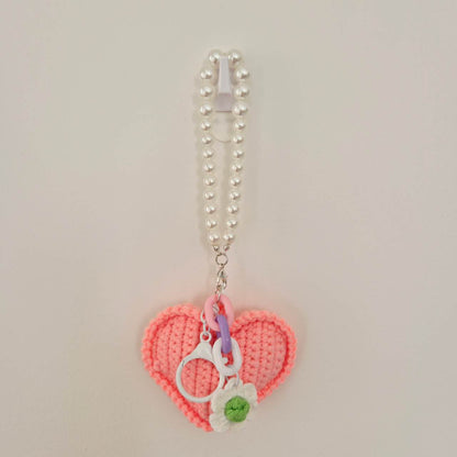 Crochet Love Heart Keychain & Bag Charm with pearl wristlet