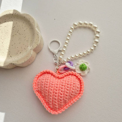 Crochet Love Heart Keychain & Bag Charm with pearl wristlet