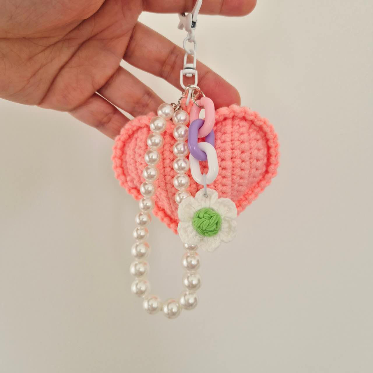 Crochet Love Heart Keychain & Bag Charm with pearl wristlet