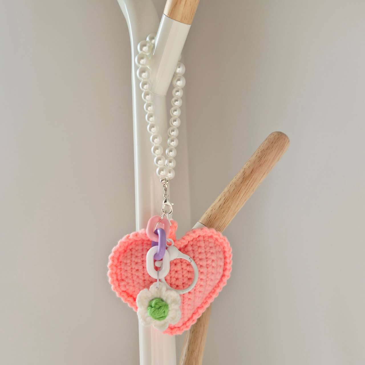 Crochet Love Heart Keychain & Bag Charm with pearl wristlet