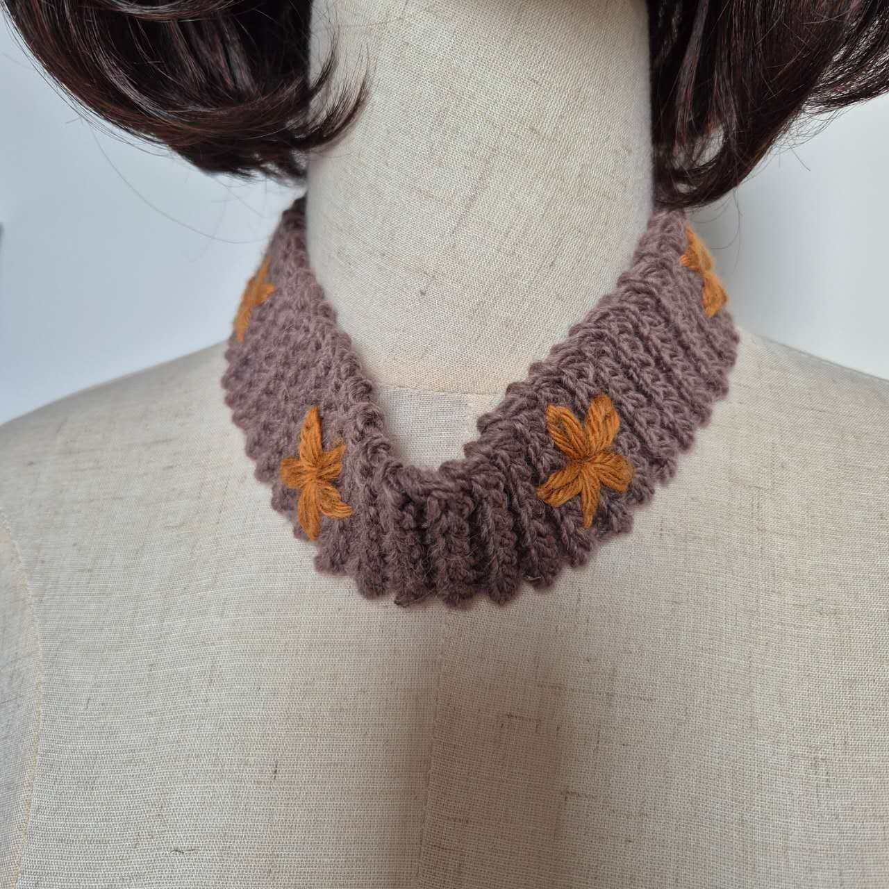Crochet Wool Headband with Flower Embroidery