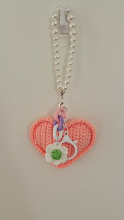 Crochet Love Heart Keychain & Bag Charm with pearl wristlet
